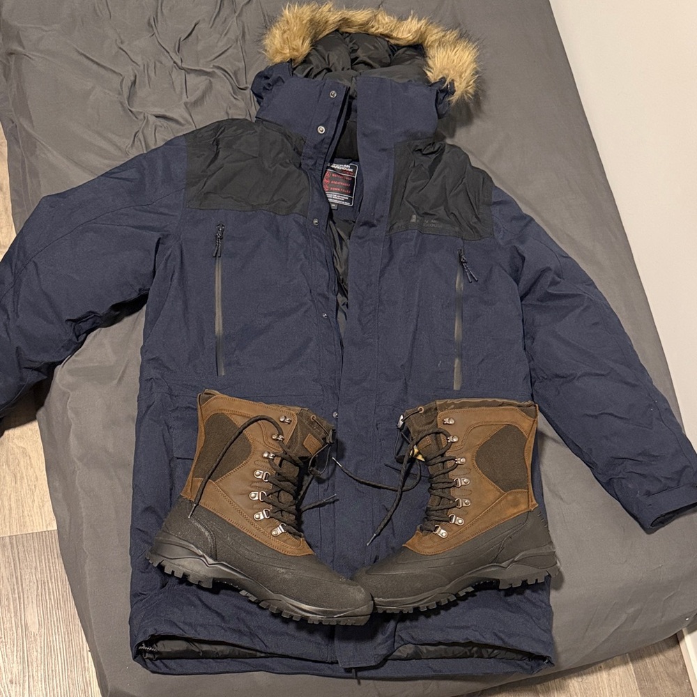 Mountain Warehouse Winter Puffer Jacket and Winter Boots for sale.